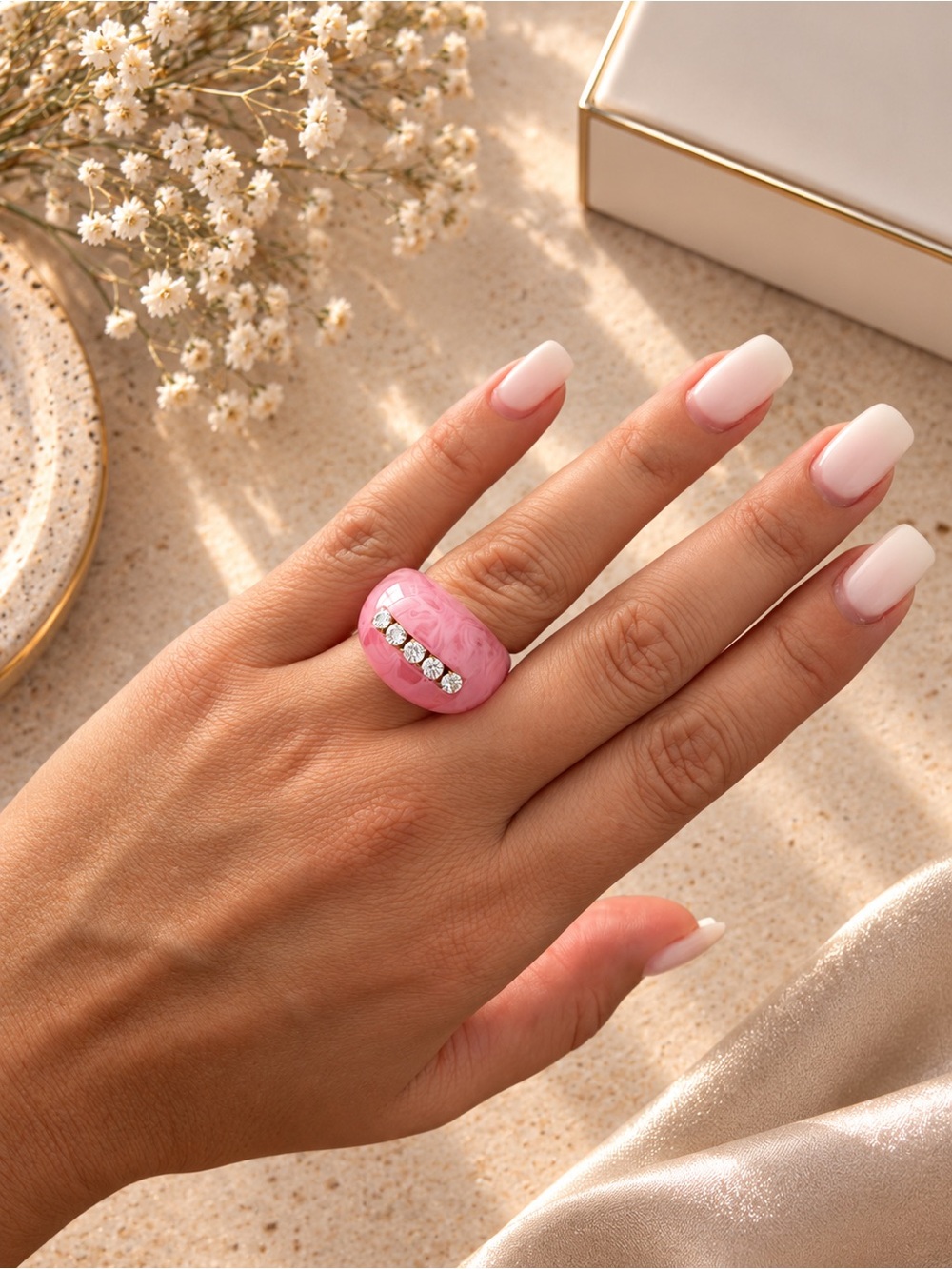 Pink Ring with Crystal Row